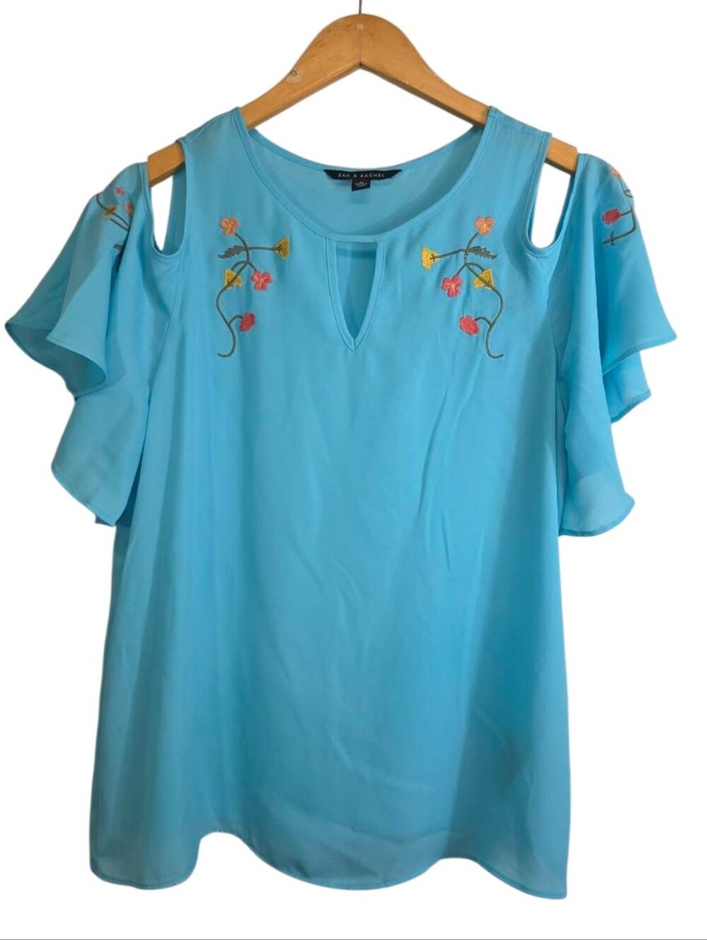 Zac & Rachel Turquoise Cold‑Shoulder Embroidered Blouse – Women’s M